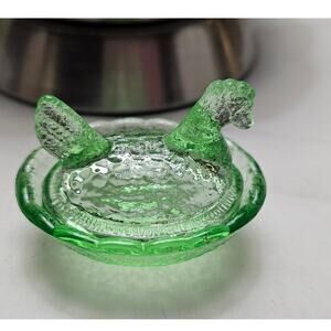 2.5" Miniature Light Green Glass Chicken Hen on Nest Salt Cellar, unmarked